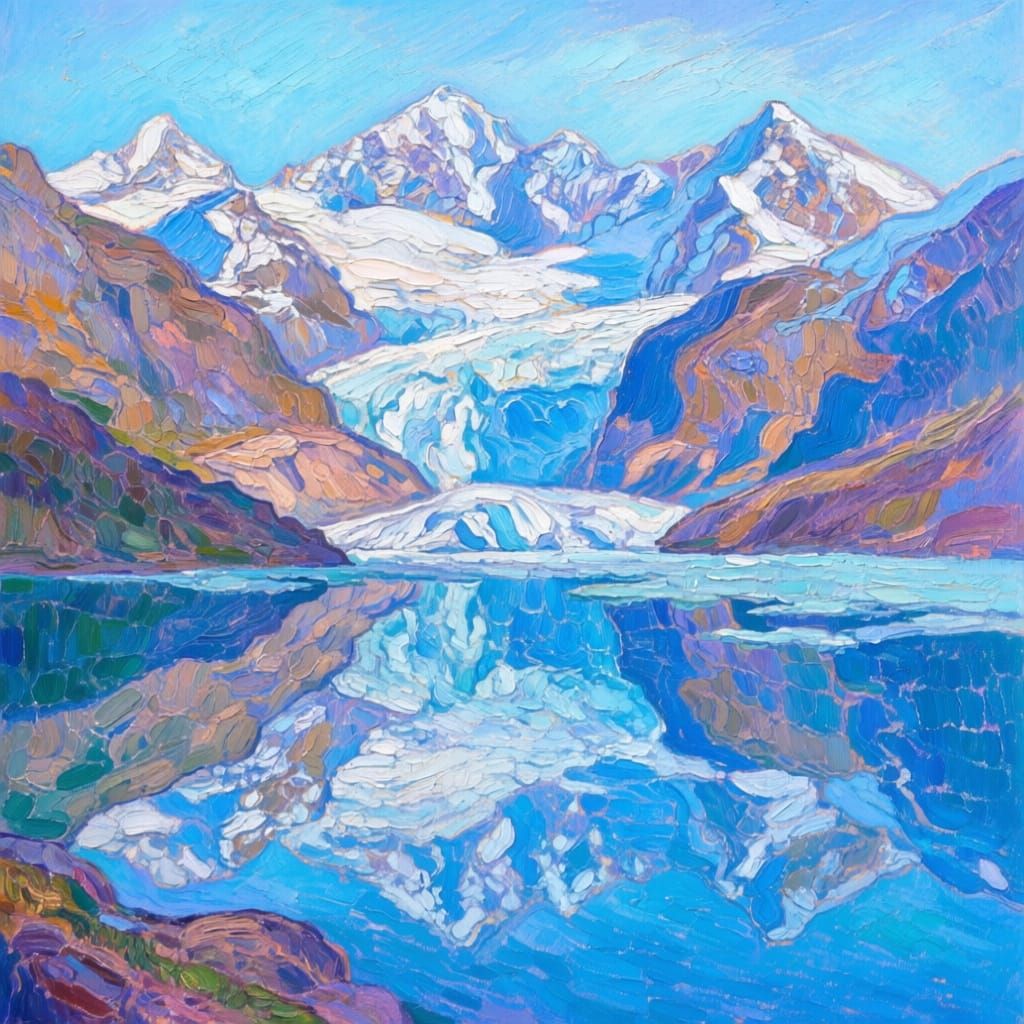 Serene Glacial Lake Reflecting Peaks in Neo-Impressionist St...