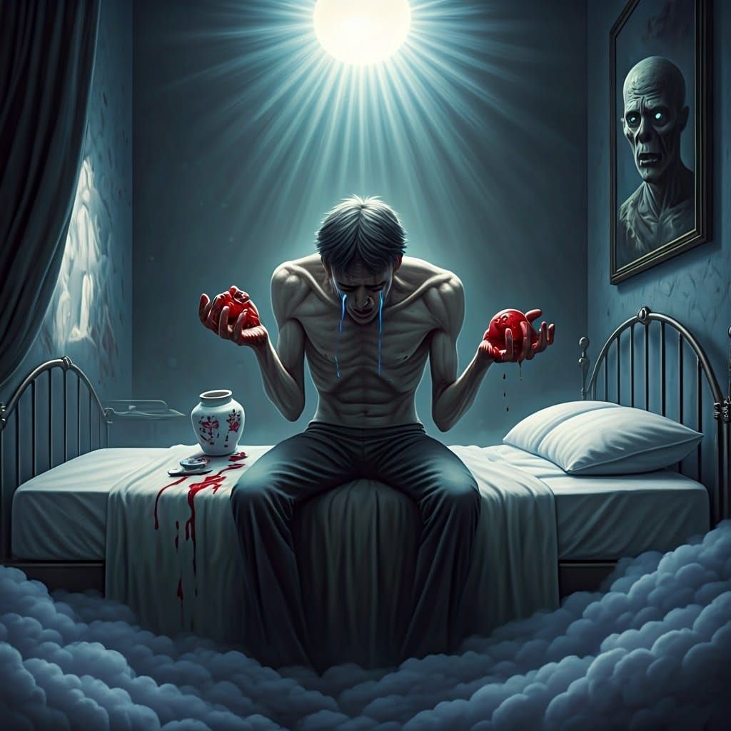 Sorrowful Figure with Bleeding Heart in Ethereal Setting