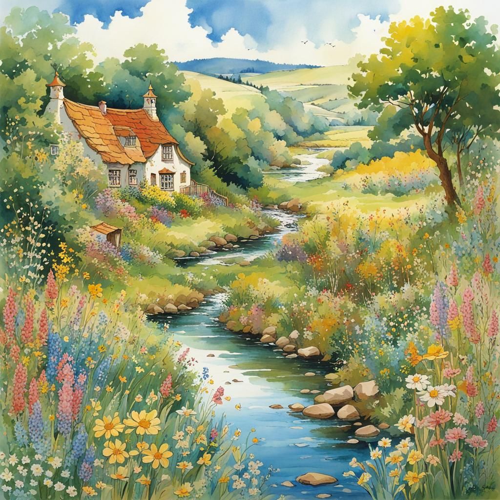 Anime Style Wildflower Landscape by Stream