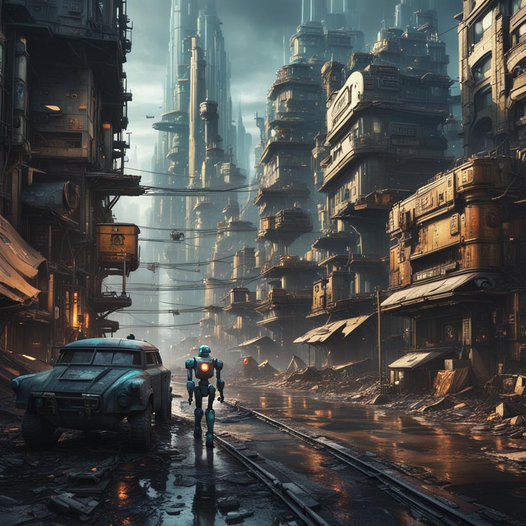 Robots Walking in Dystopian City: Matte Painting