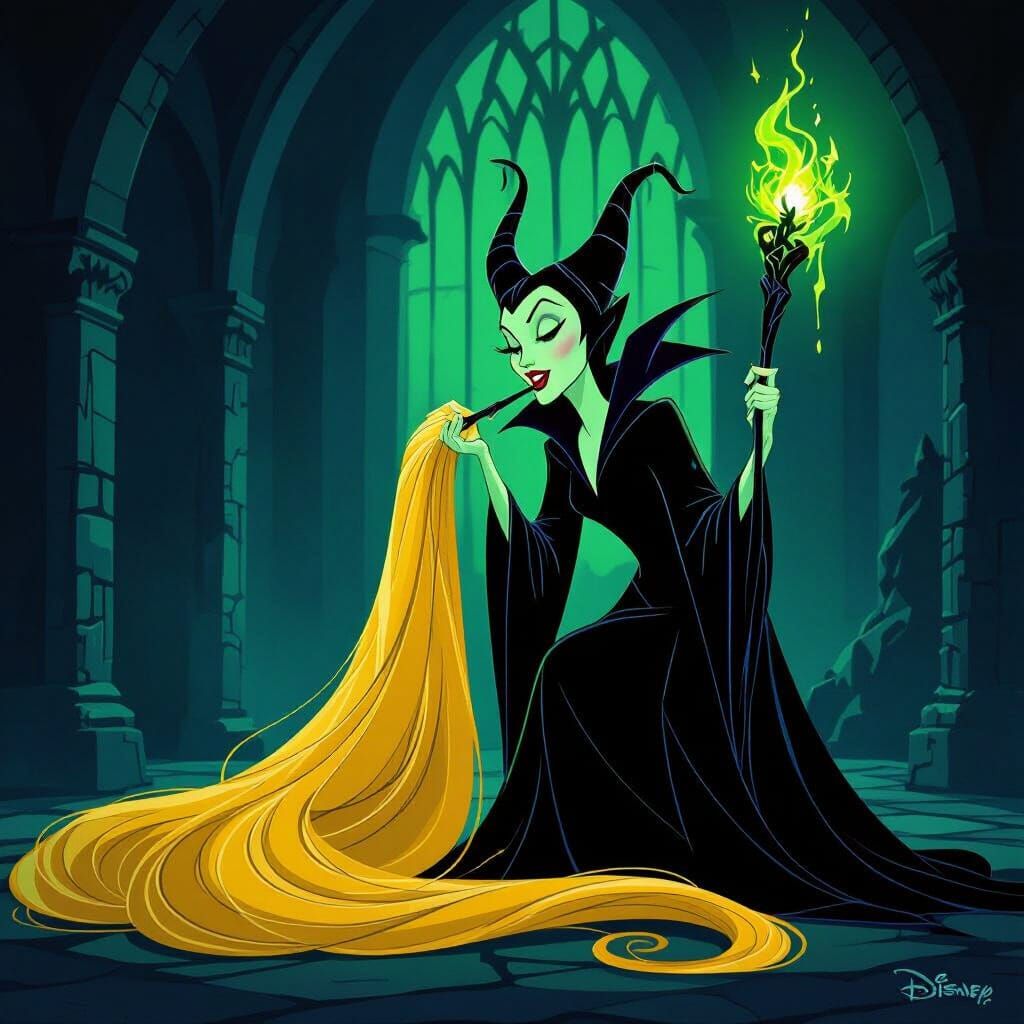 Maleficent Gnawing Aurora's Hair in Disney Style