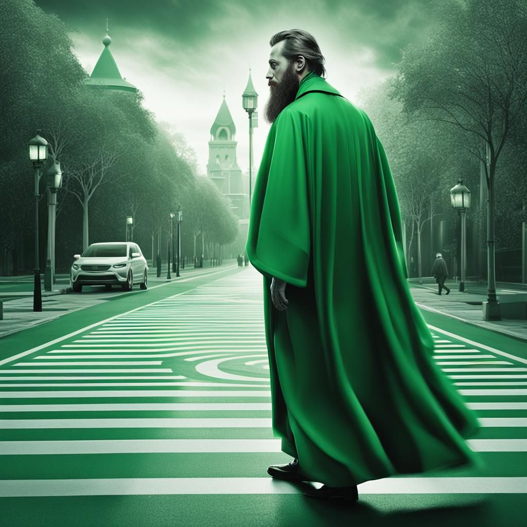 Magician Crossing Futuristic Avenue in Hyperrealistic Oil Pa...