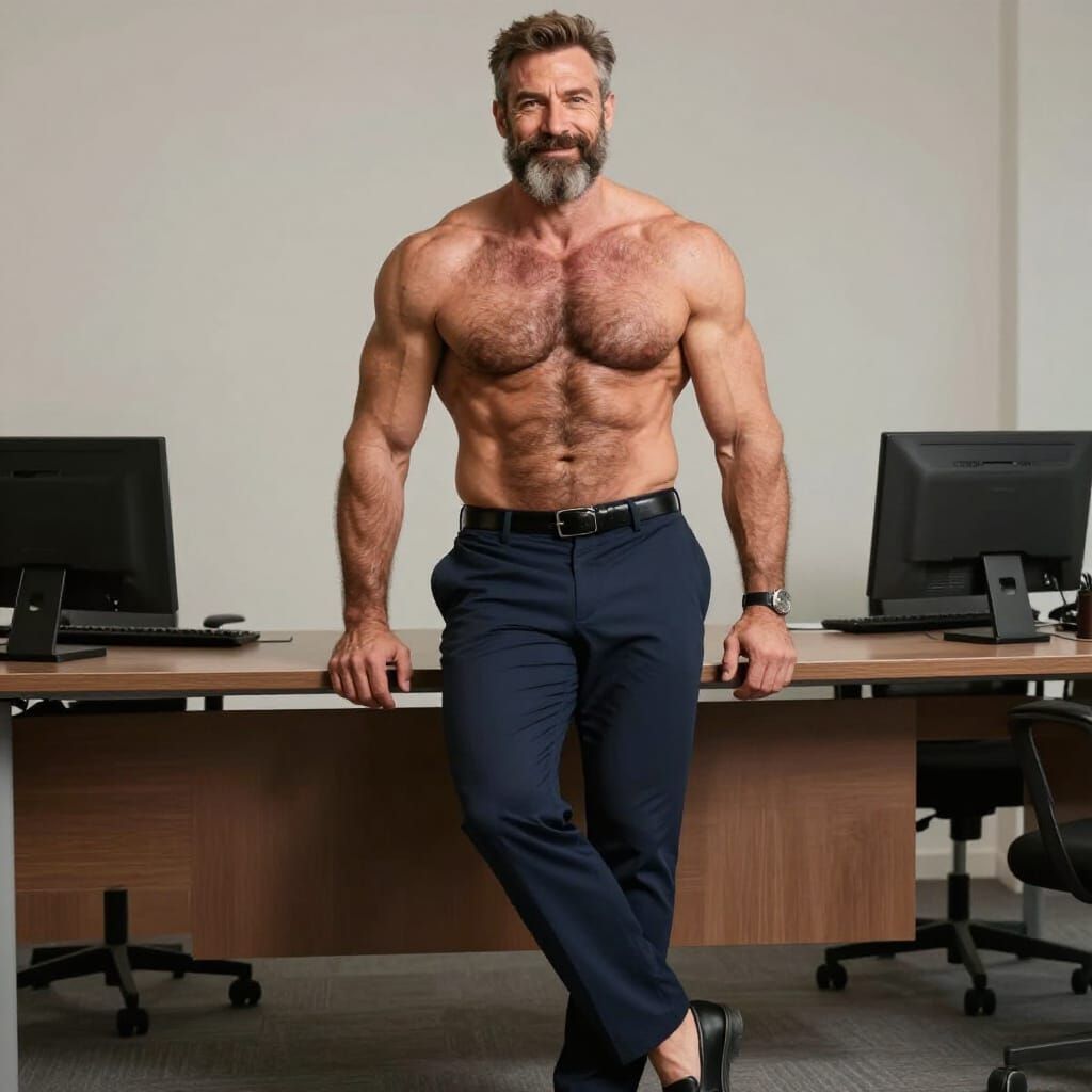 Muscular Bodybuilder Posing in Office, Photorealistic Style