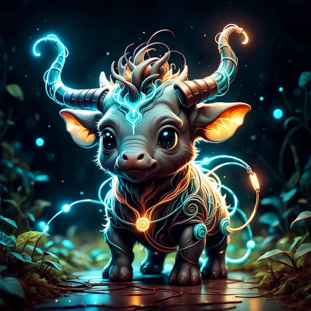 Adorable Baby Minotaur Robot in Soft Pastel Colors