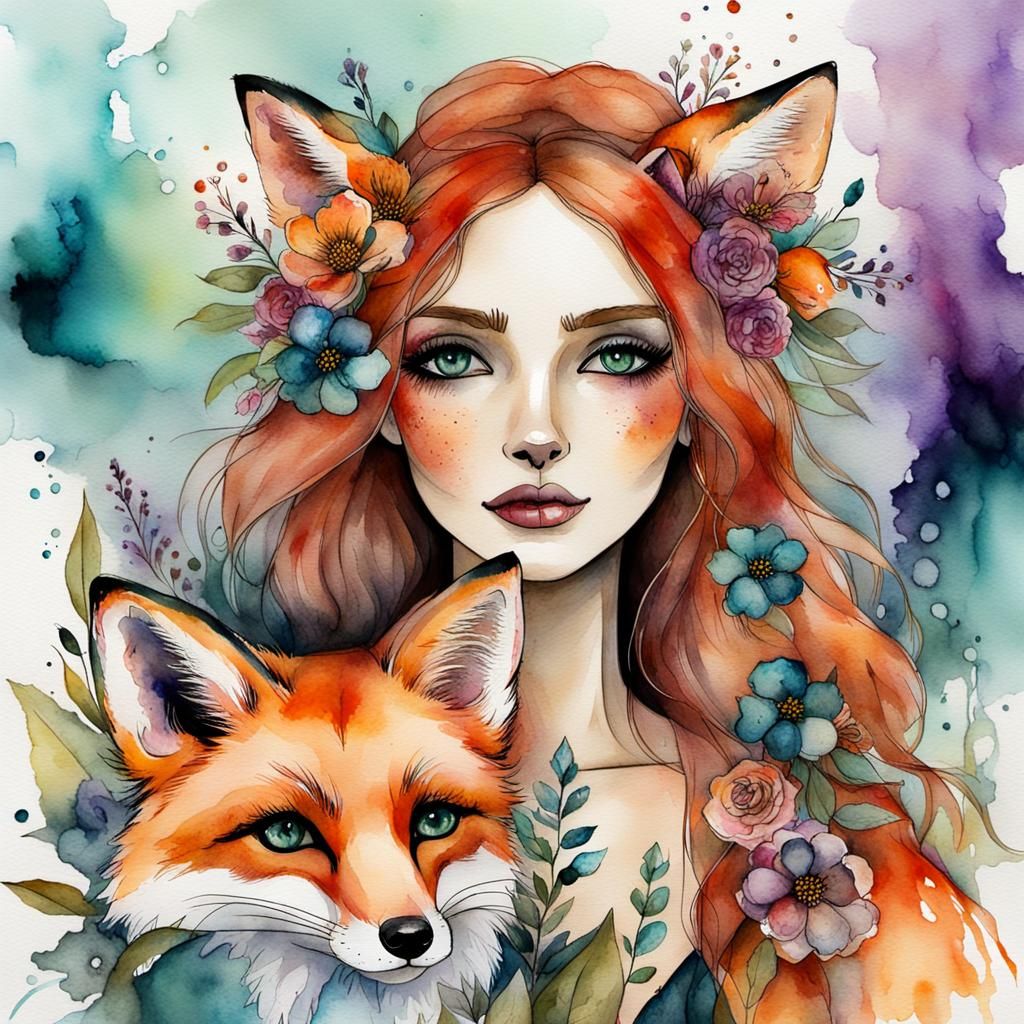 Bohemian Girl with Fox and Flowers in Watercolor