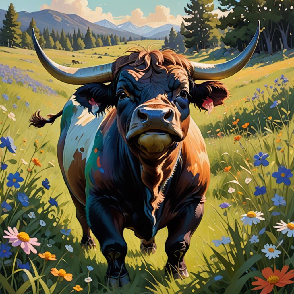 Whimsical Bull in a Sun-Kissed Meadow, Inspired by Whimsical...