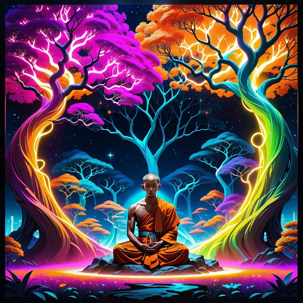 Neon Monk Under Bioluminescent Bodhi Tree in Pop Art