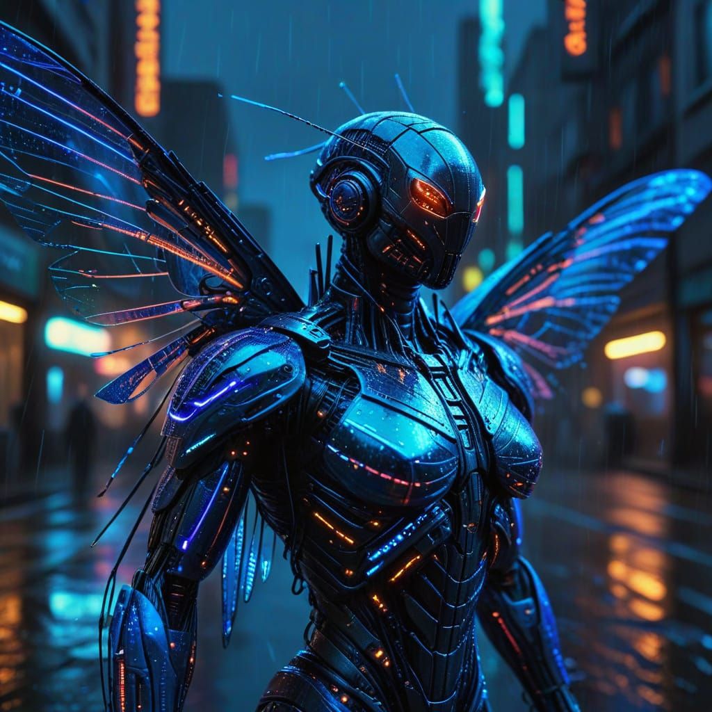 Cyberpunk Locust with Neon Wings in Rainy Cityscape