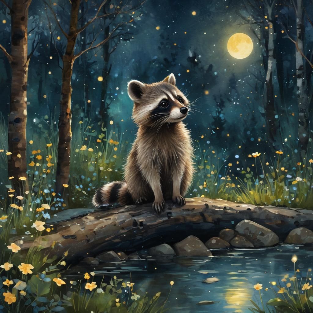 Enchanted Forest Raccoon in Digital Watercolor Style