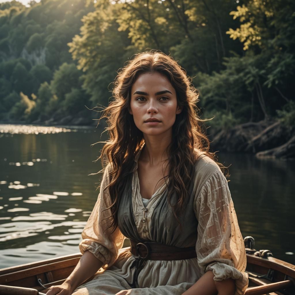 Fairy Woman in Boat at Sunset: Cinematic Film Still