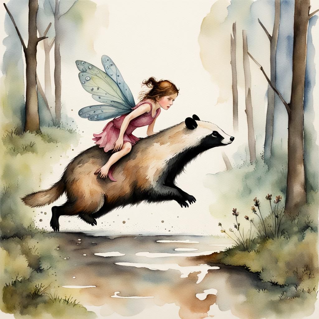 Fairy Riding Badger in Wet Watercolor Style