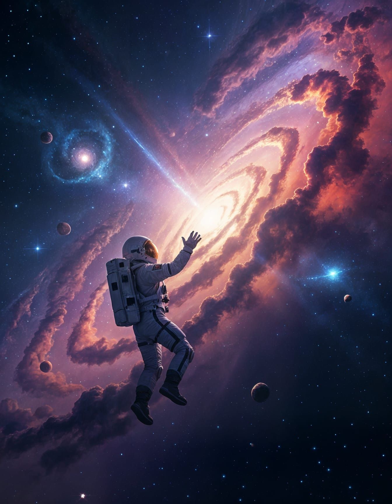 Astronaut Reaches for Galaxy in Swirling Nebula