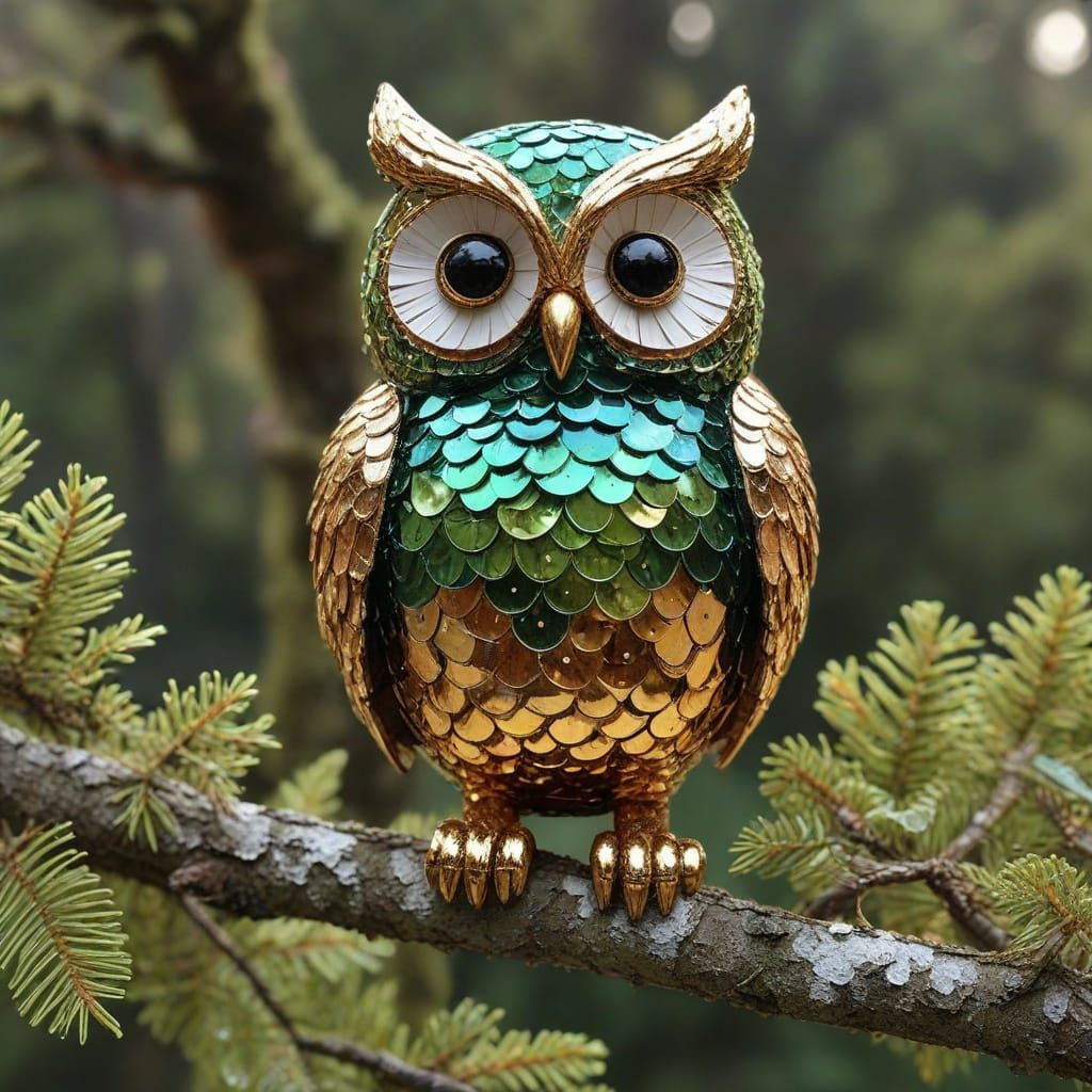 Dazzling Sequin Owl on Moss Branch
