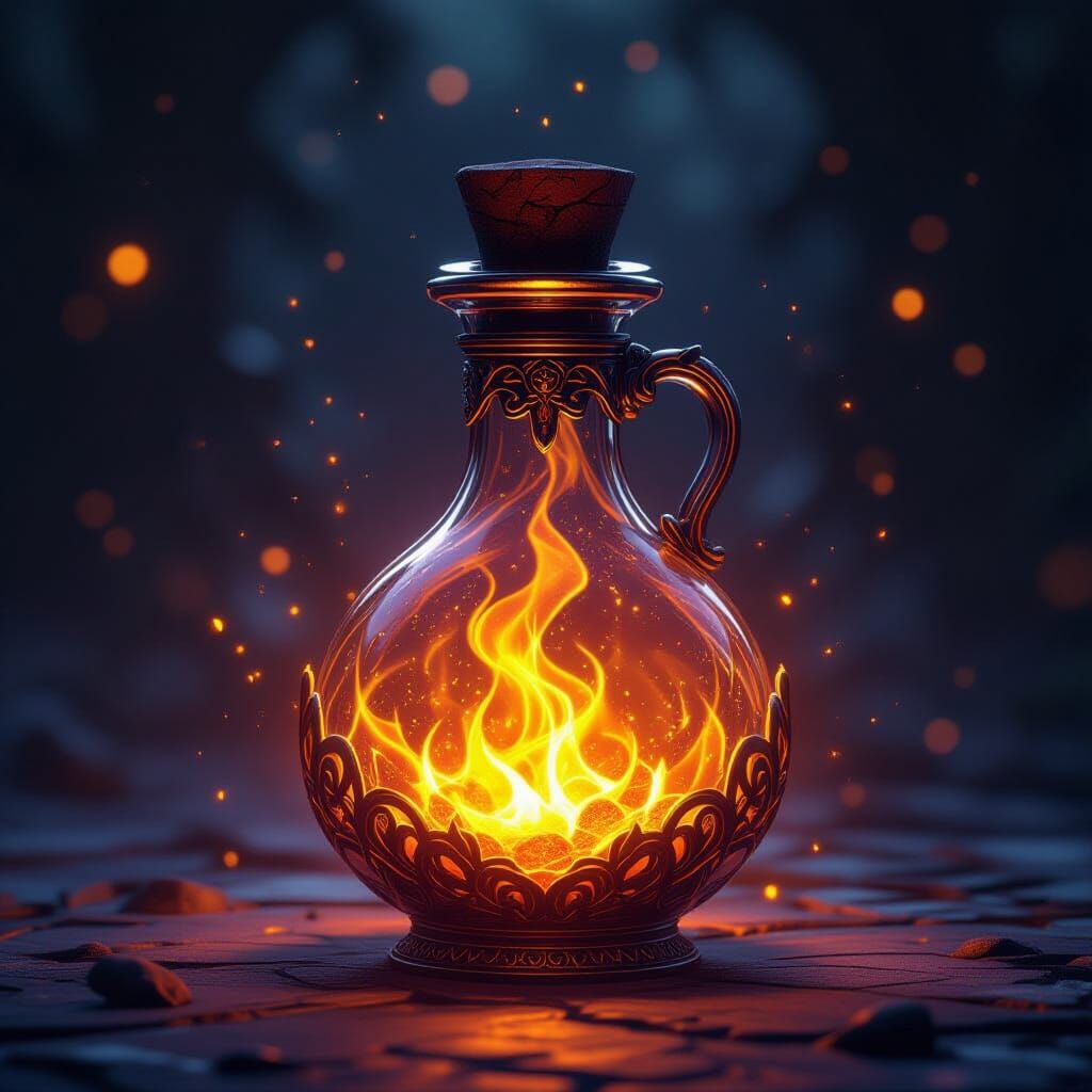Glowing Fire Resistance Potion in Ornate Crystal Vial