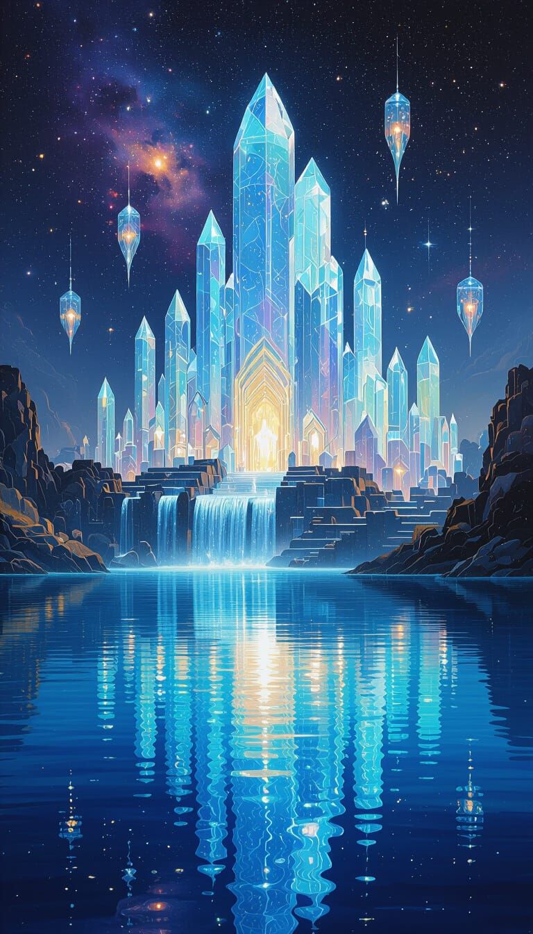 Crystal Temple Complex on Iridescent Lake, in Impasto Style