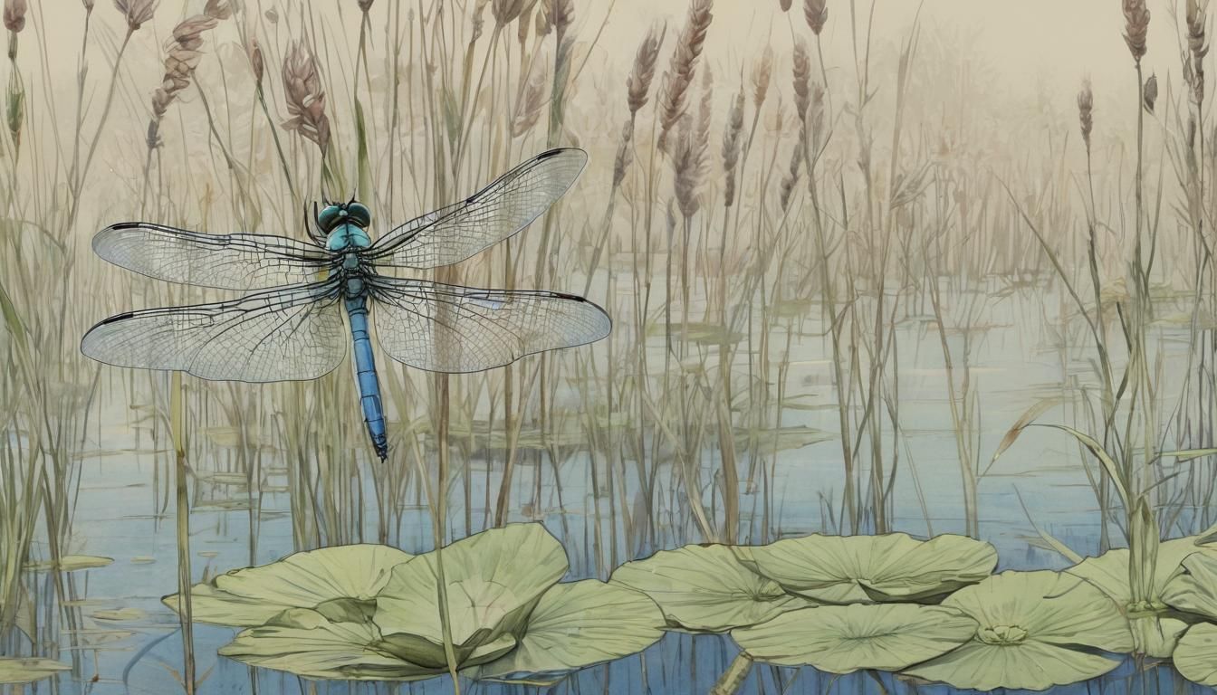 Dragonfly and Marsh: Detailed Impressionist Line Drawing