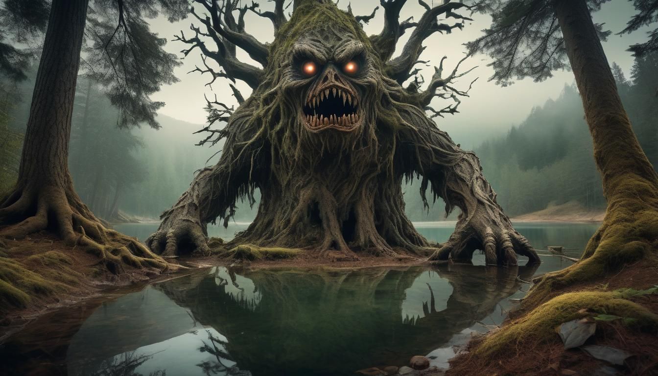 Ethereal Tree Monster at Mountain Lake in Dark Fantasy