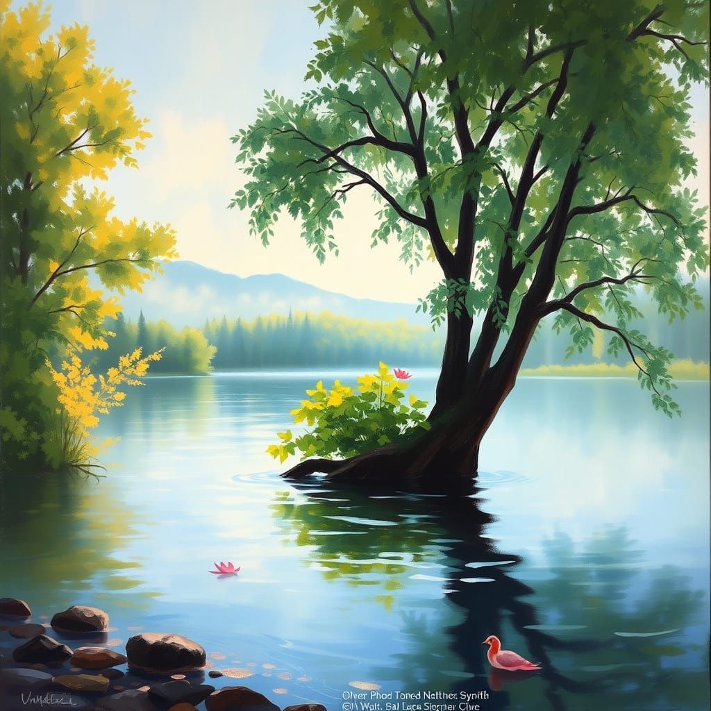 Dreamy Impressionist Scene of Trees Emerging from Lake
