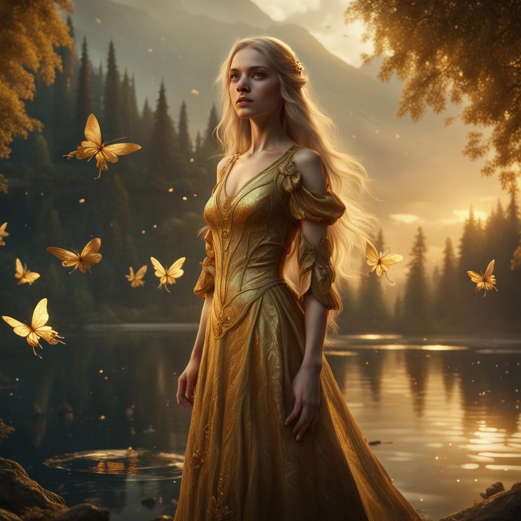 Girl in Golden Dress by Lake with Fairies
