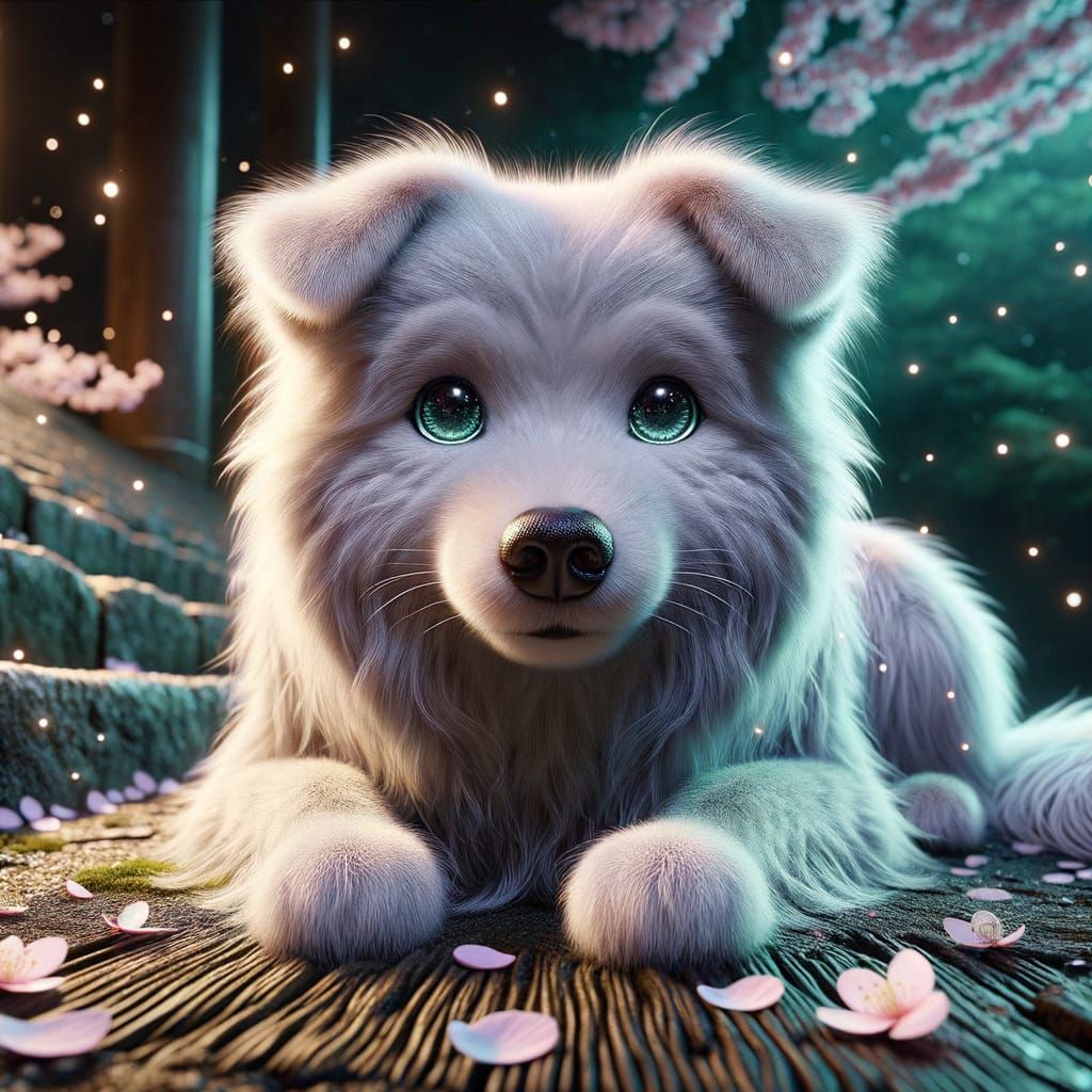 Adorable Dog Lounging Under Sakura Petals