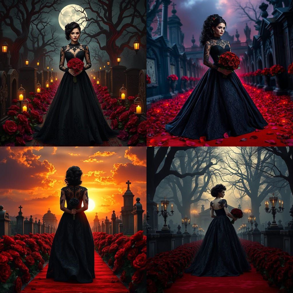 Elegant Gothic Bride in Black Lace Ball Gown with Blood Red ...