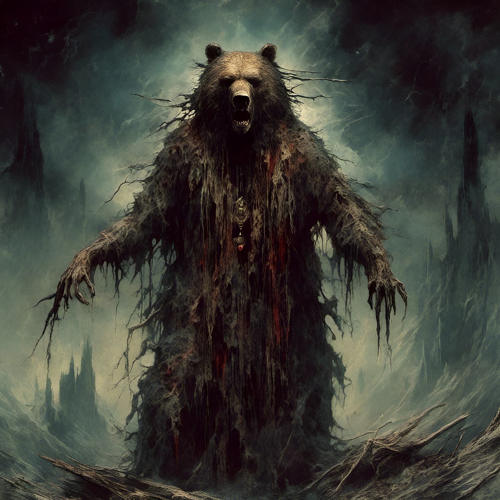 Macabre Native American Spirit Witch Grizzly Illustration