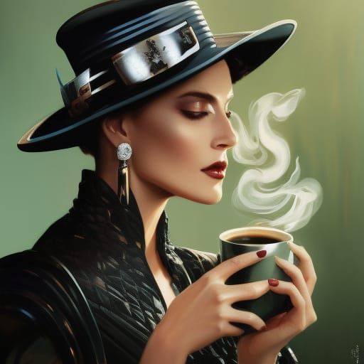Elegant Woman Drinking Coffee in Futuristic Portrait
