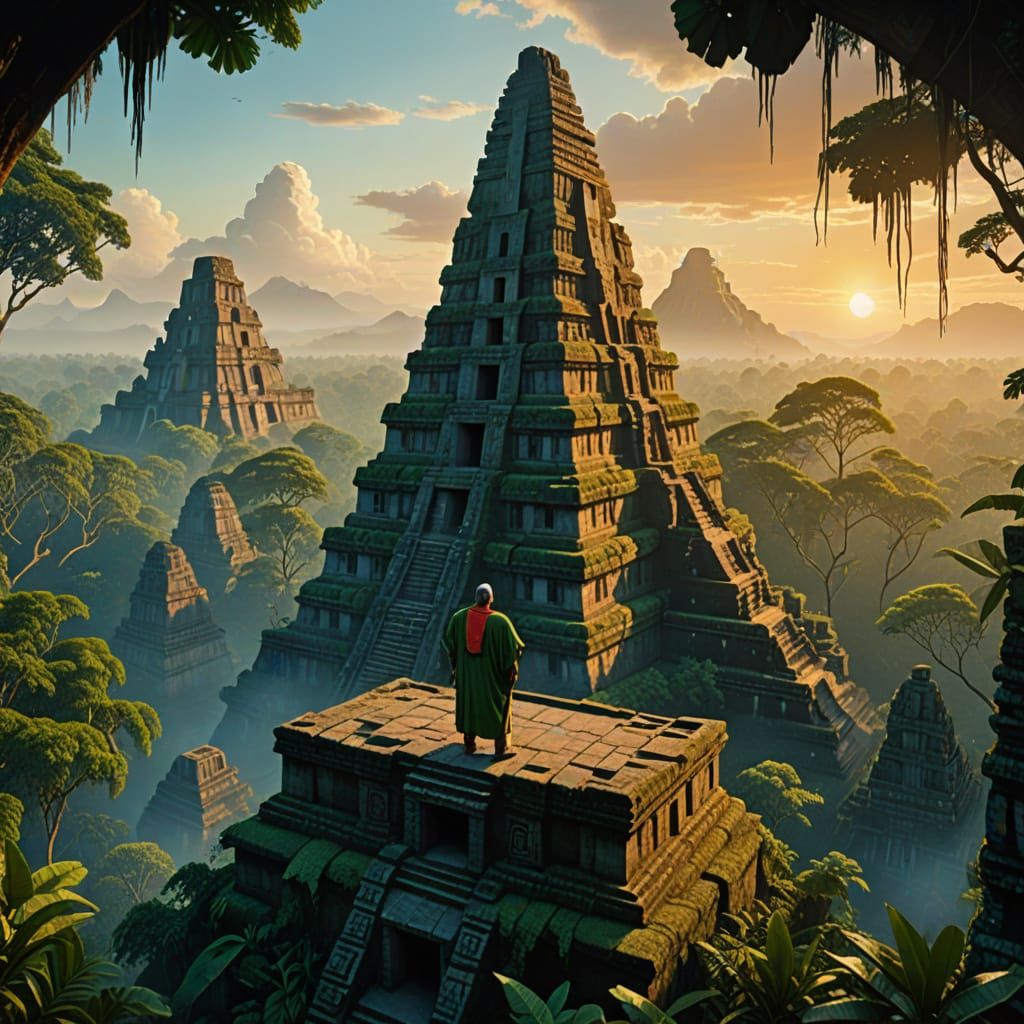 Mayan Priest Sunrise at Tikal Temple: Digital Matte Painting