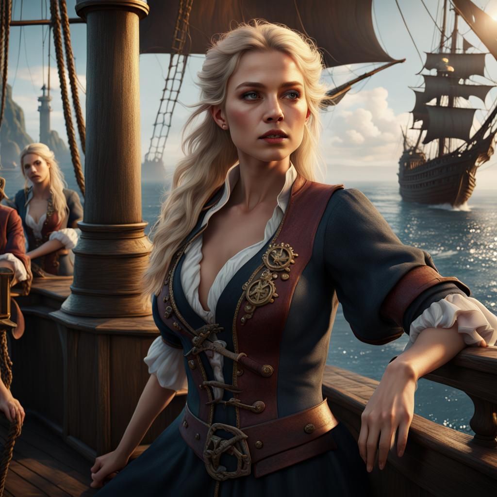 Blonde Pirate Women on Detailed Pirate Ship