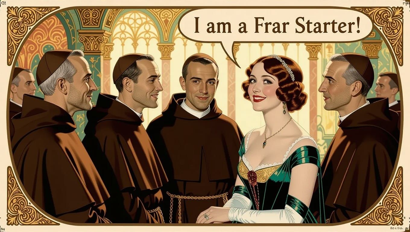 Friars Admire Elegant Woman in Vintage Postcard Style
