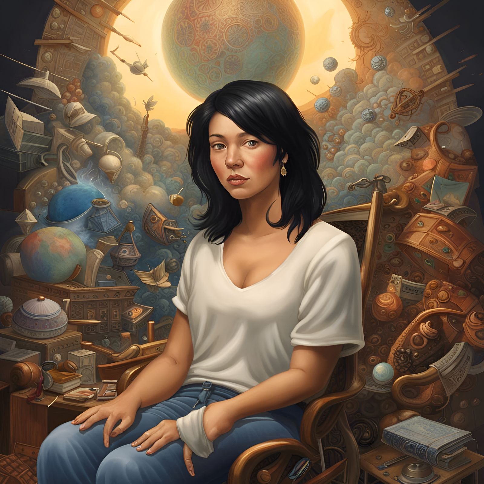 Realistic Portrait of Woman with Cosmic Sky Background