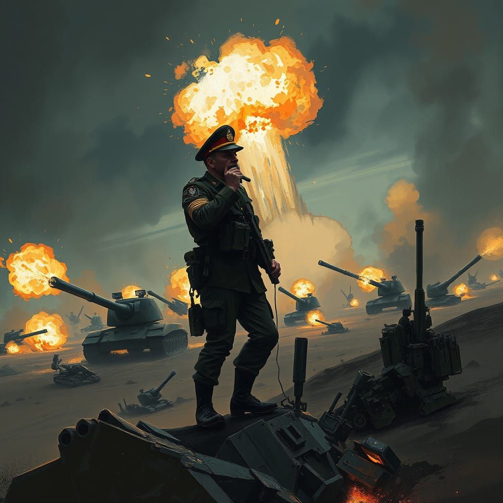 War Commander Yells into the Chaos of Artillery Strike