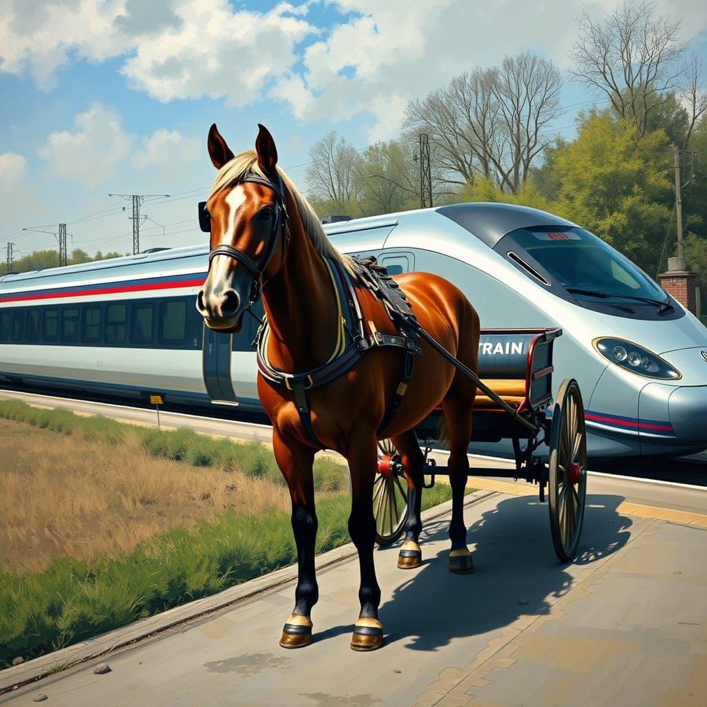 Horse Carriage Meets High-Speed Train on Rural Platform