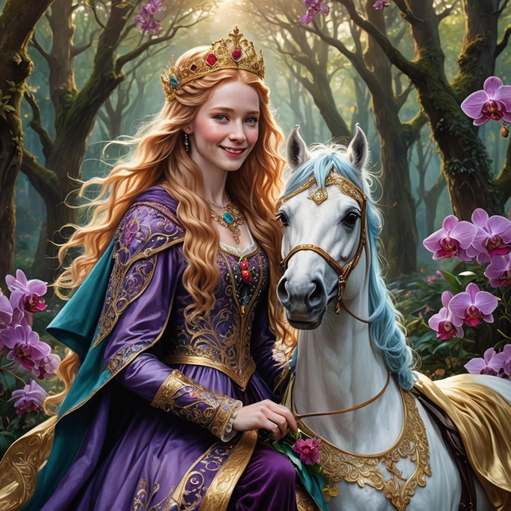 Medieval Woman on Horseback in Enchanted Forest