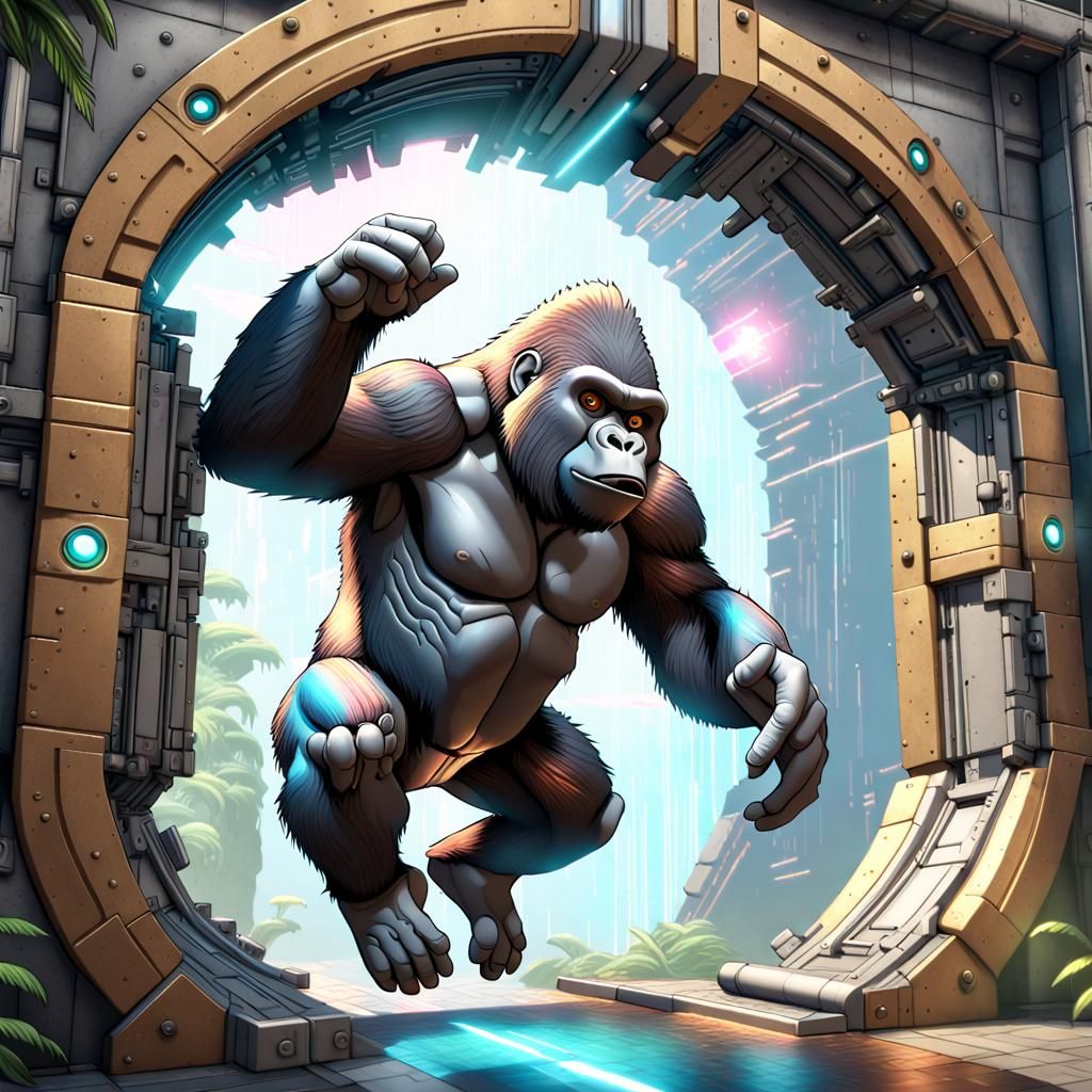 a gorilla jumping through a portal