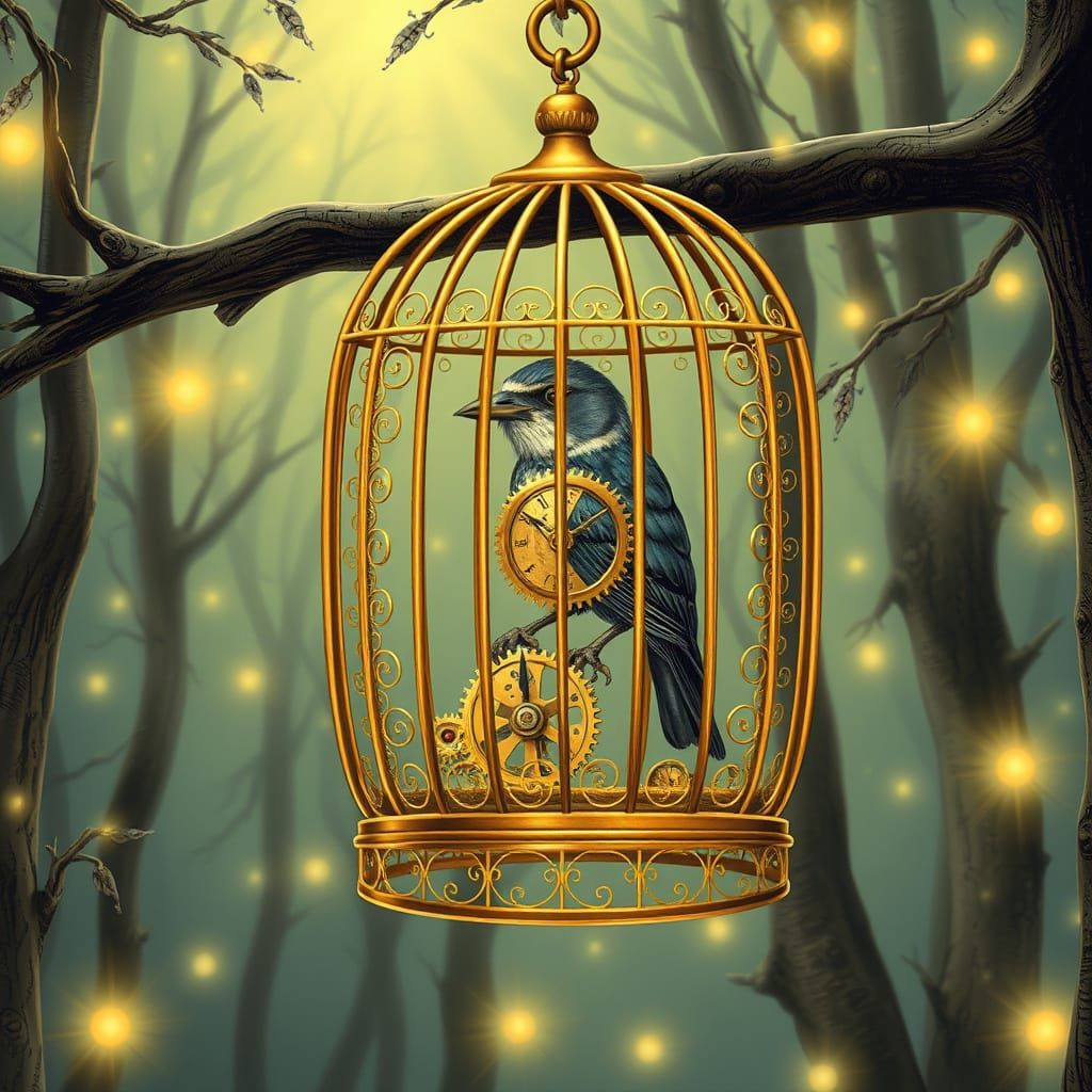 Clockwork Nightingale in Enchanted Steampunk Forest