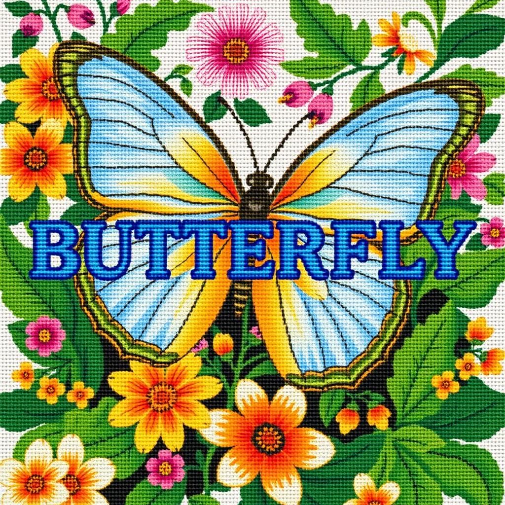 Needlepoint Butterfly with Blue Lettering in Folk Art Style