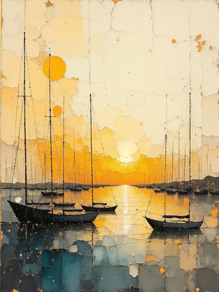 Sunset Harbor: Sailboats in Impasto Oil Painting