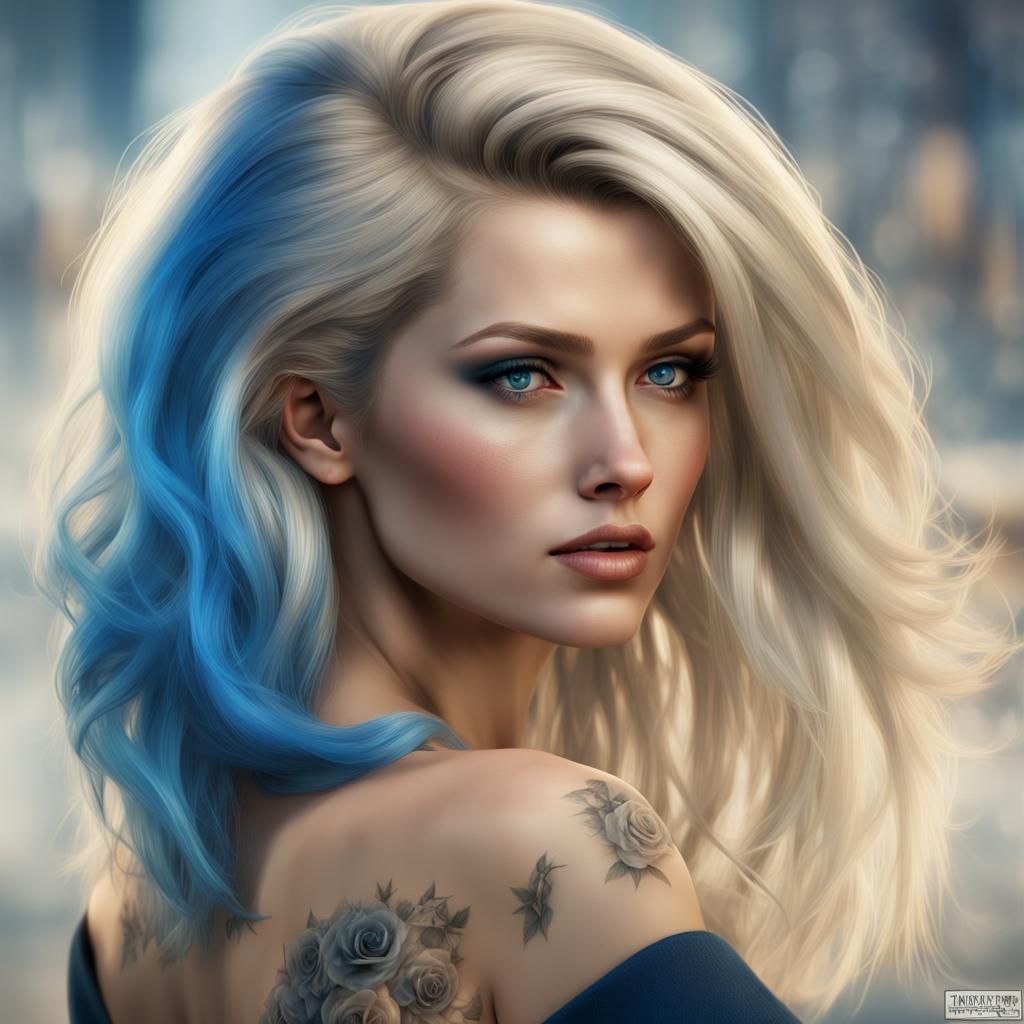 Blond Woman with Blue Hair in Tattoo Style