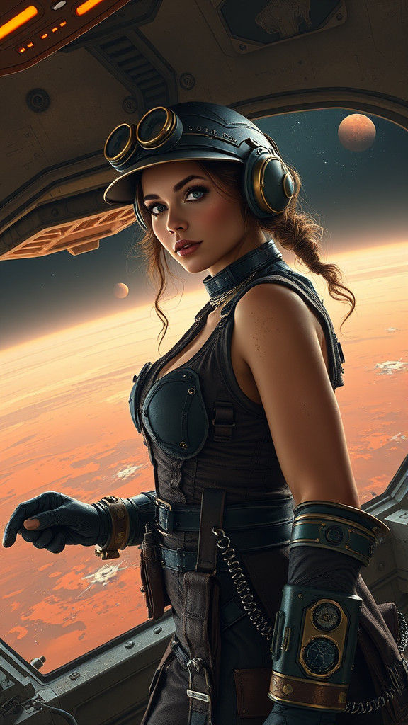 Steampunk Woman Working on Mars Orbit Supply Ship