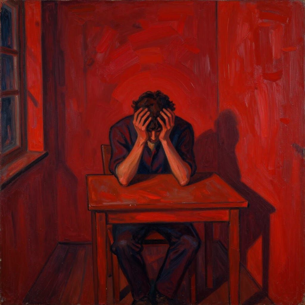 Solitary Figure in Scarlet Room, Expressionist Interior Scen...