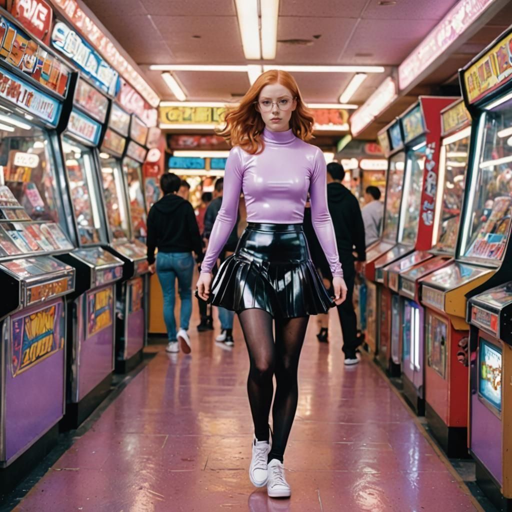 Young Woman in Latex Outfit Walking Through Arcade