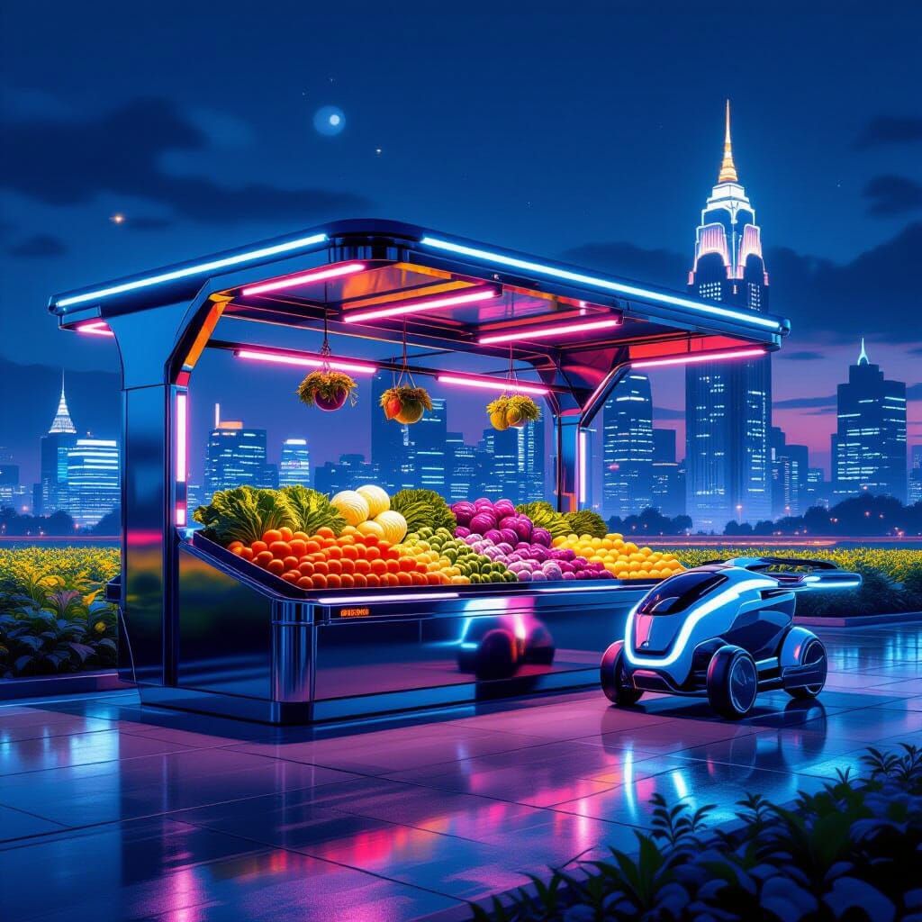 Futuristic Farmstand with Bioluminescent Produce