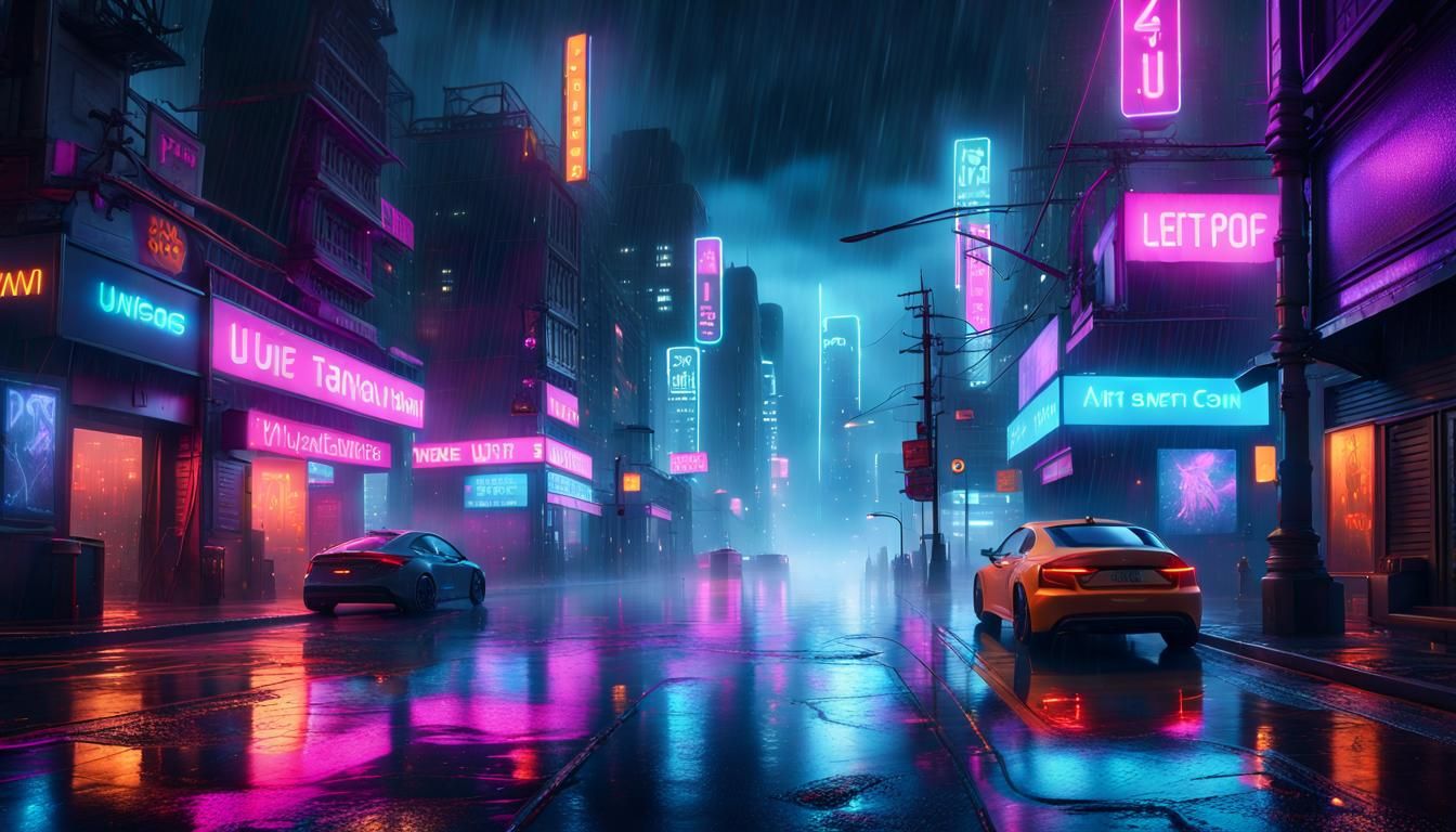 Neon Cityscape at Night in Detailed Matte Painting