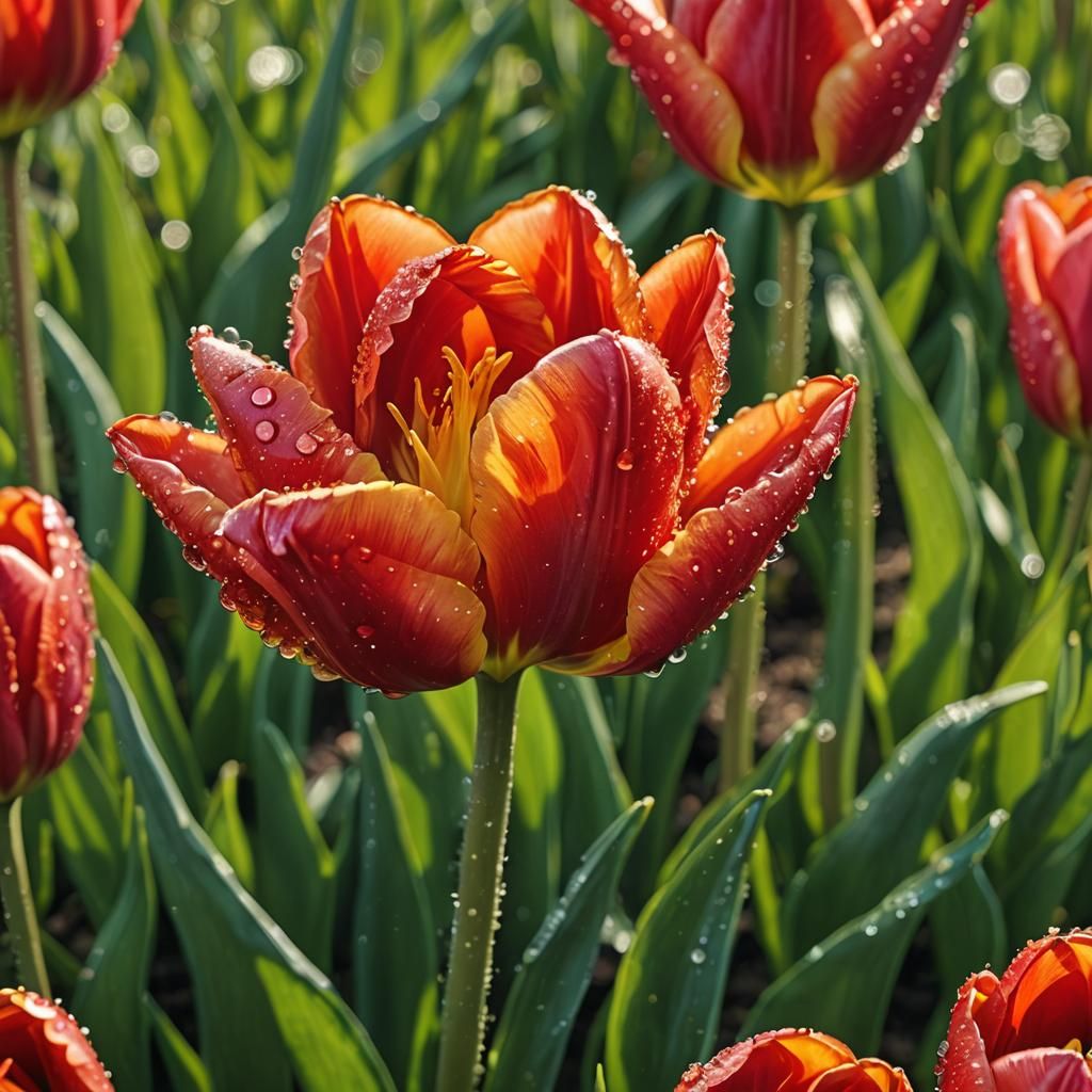 dewy red tulip flower