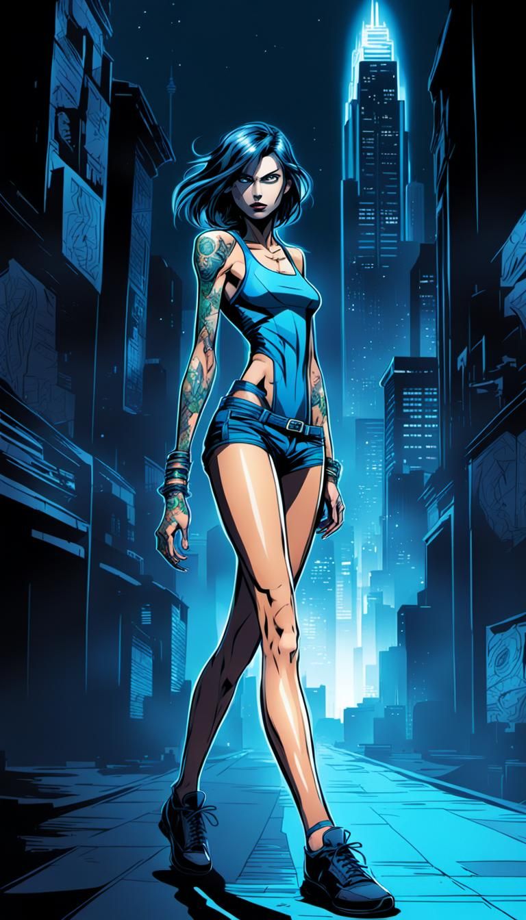 Comic Book Character with Blue Aura in Dark City