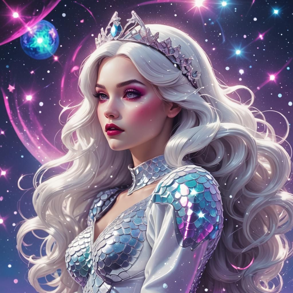 Snow White Space Mermaid in Synthwave Neon