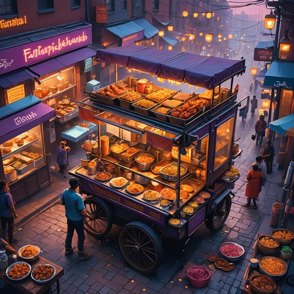 Exotic Global Street Food in a Fantasy Art Style