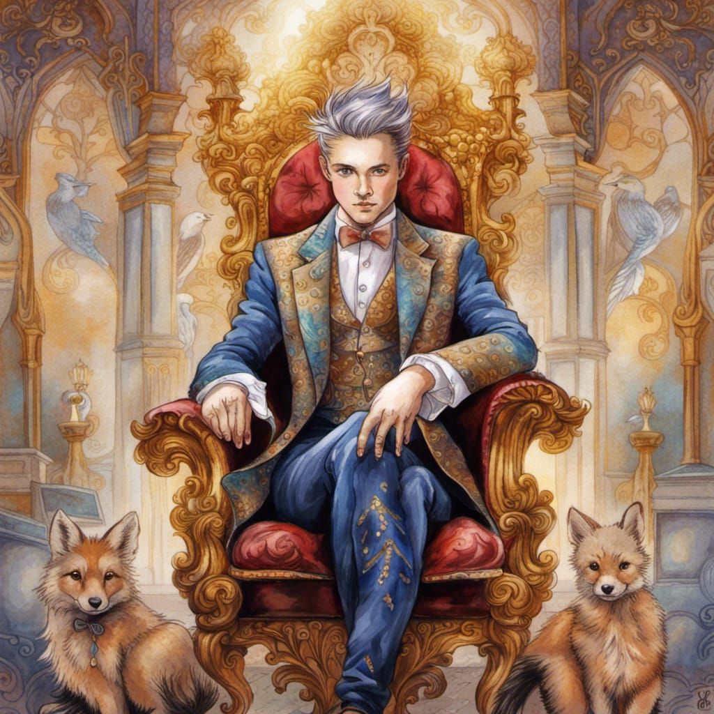 Fox King on Throne in Watercolor Patchwork Style