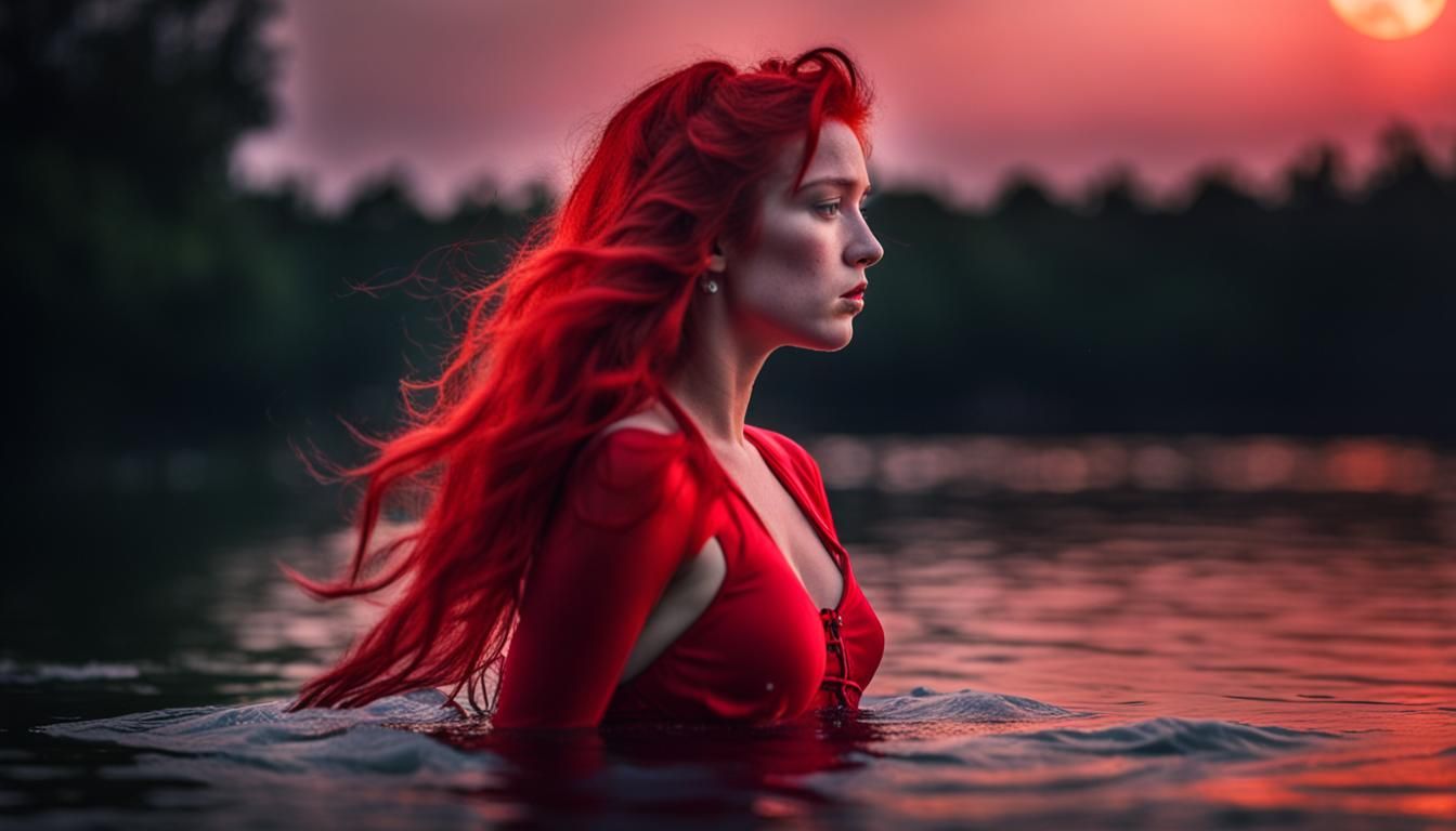 Woman with Red Hair Poses by Lake